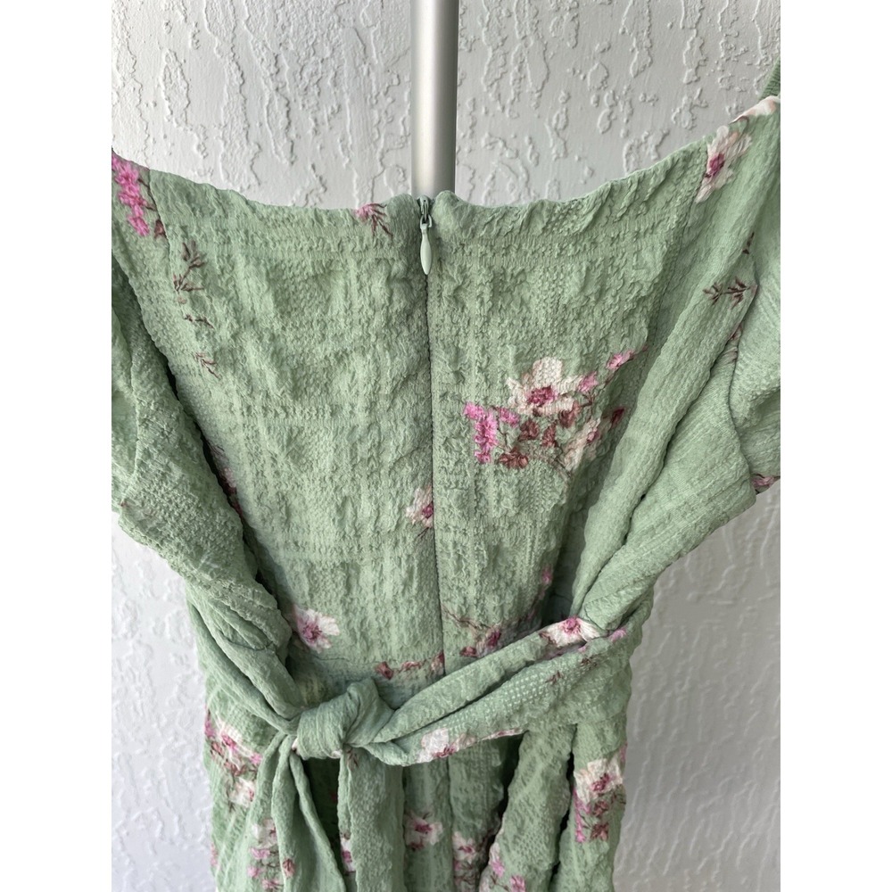 Altar'd‎ State Sage Green Floral Seersucker Ruffle Mini Dress Large Tie Back L - Picture 8 of 9